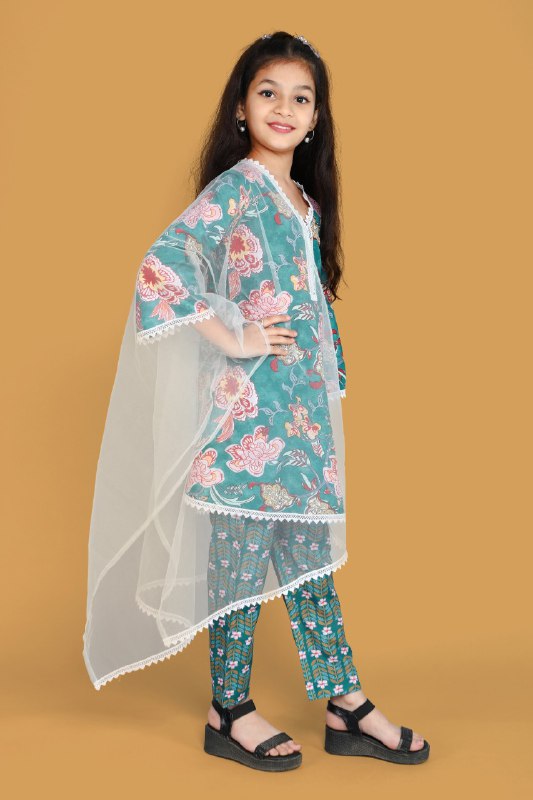 Lnaaya  Lovely Teal And Pink Floral Print  Kurt Set