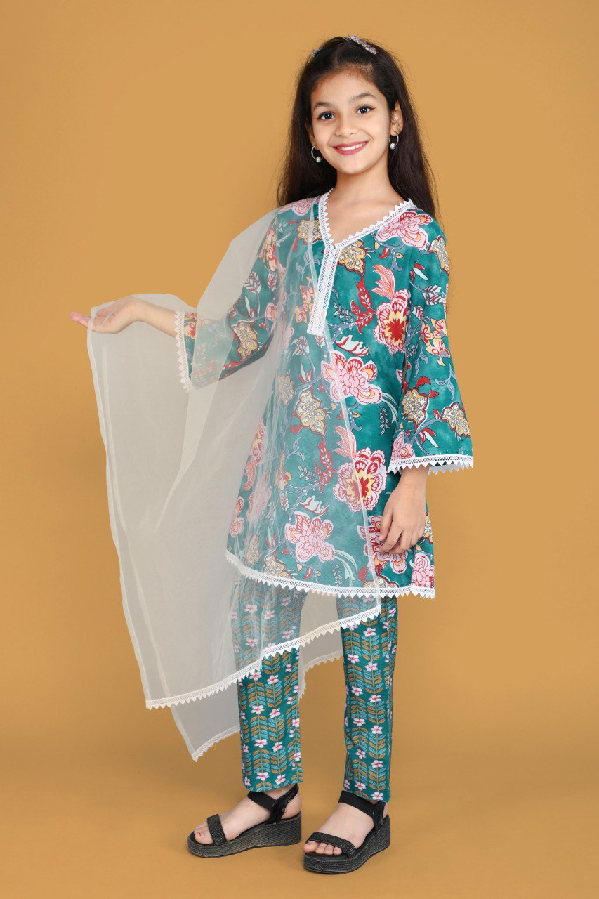 Lnaaya  Lovely Teal And Pink Floral Print  Kurt Set