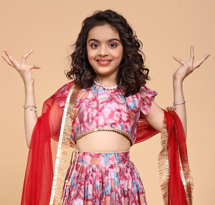 Solina Pink Chinon Printed Gota Lace Lehenga Choli Set