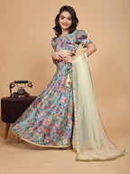 Zeni  Multi colour Chinon Girls Lehenga Choli Set
