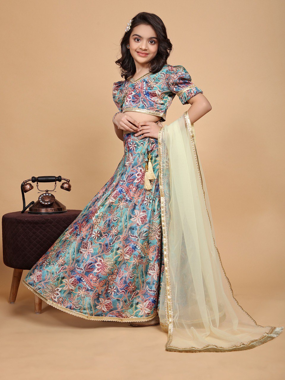 Zeni  Multi colour Chinon Girls Lehenga Choli Set