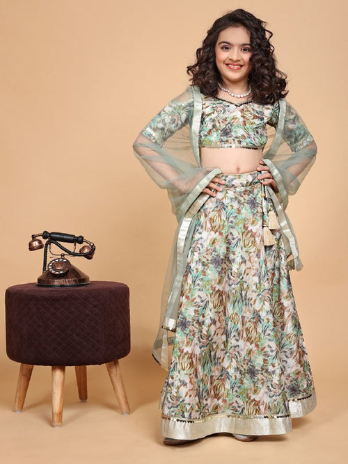 Anovia Mint Green  Printed Chiffon Girls Lehenga Choli Set