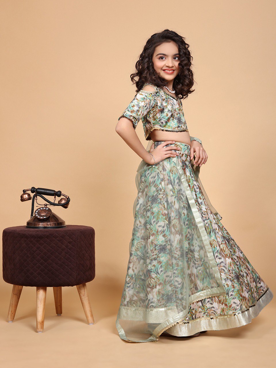 Anovia Mint Green  Printed Chiffon Girls Lehenga Choli Set