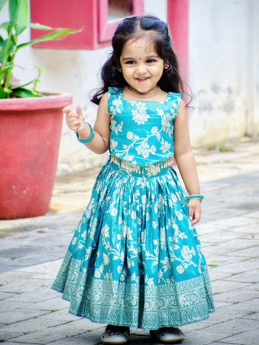 Aarohi Peacock Blue Banarasi Floral Lehenga Set