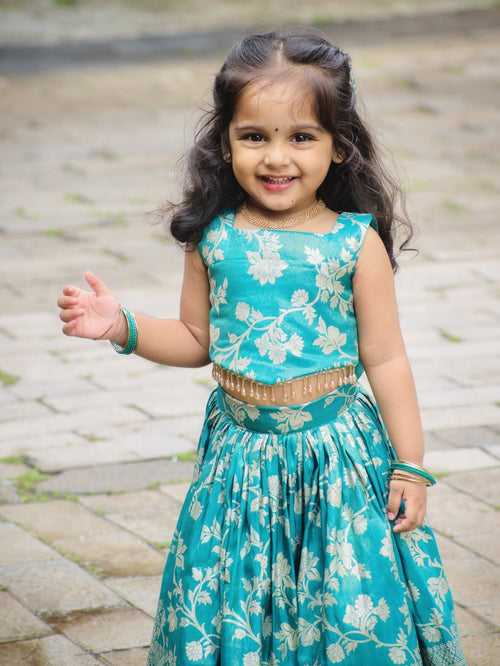Aarohi Peacock Blue Banarasi Floral Lehenga Set