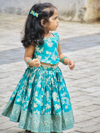 Aarohi Peacock Blue Banarasi Floral Lehenga Set