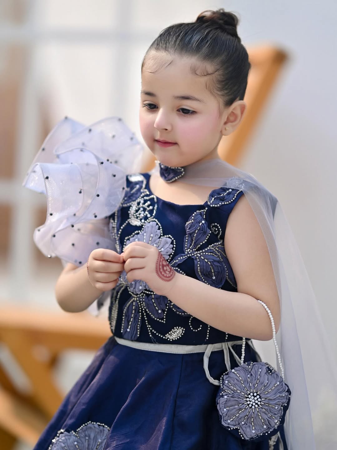 Royal Navy Floral Embroidered Kids Partywear Lehenga