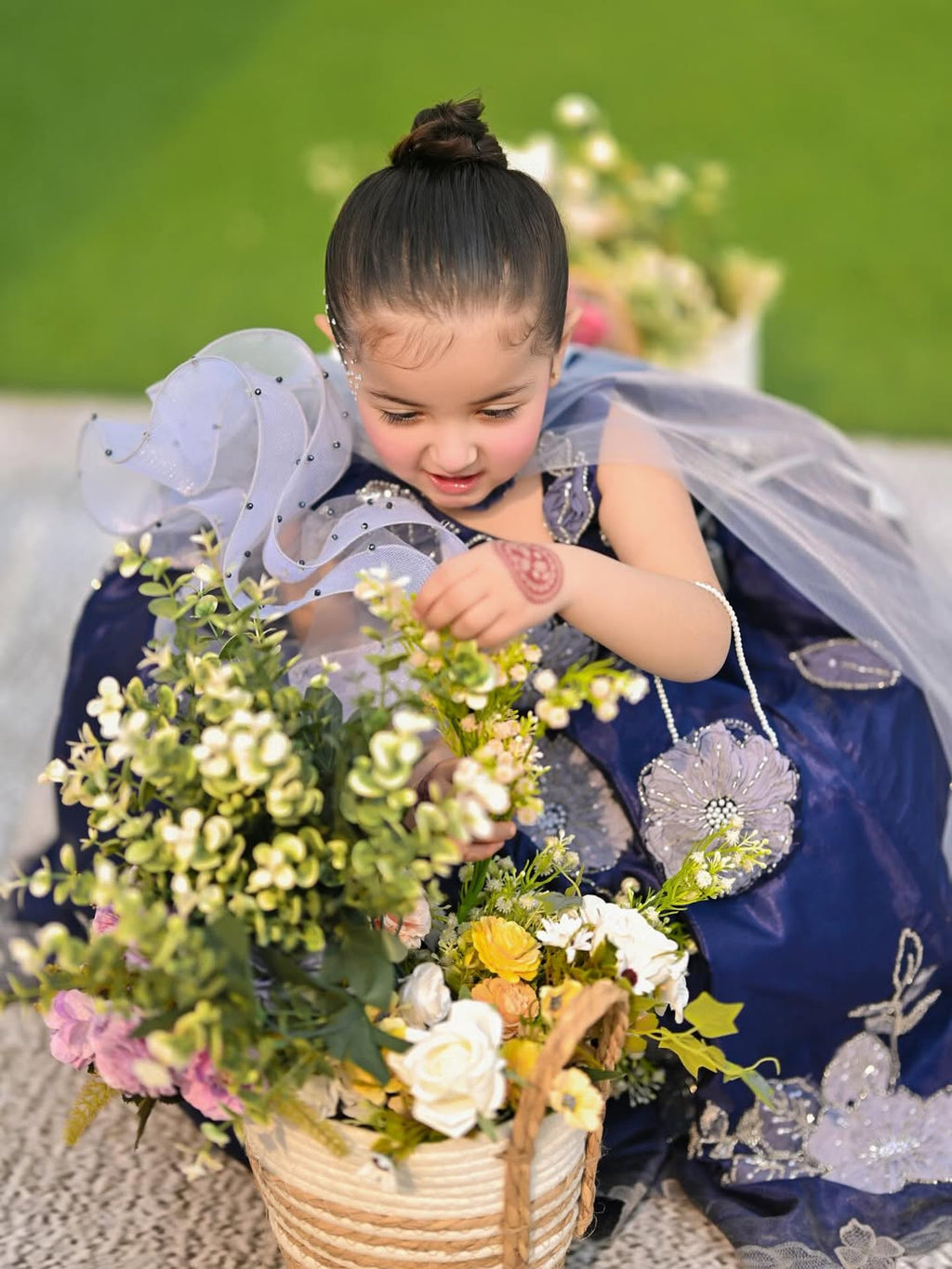 Royal Navy Floral Embroidered Kids Partywear Lehenga