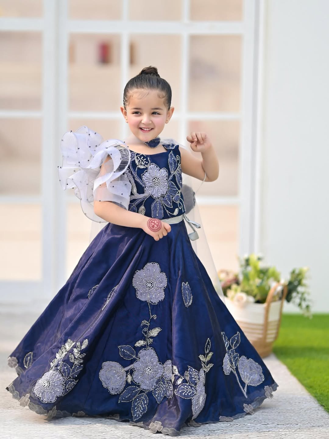 Royal Navy Floral Embroidered Kids Partywear Lehenga