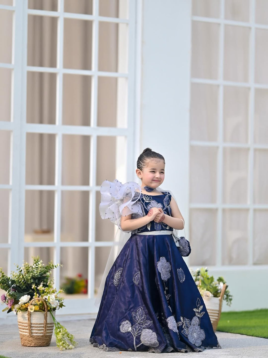 Royal Navy Floral Embroidered Kids Partywear Lehenga