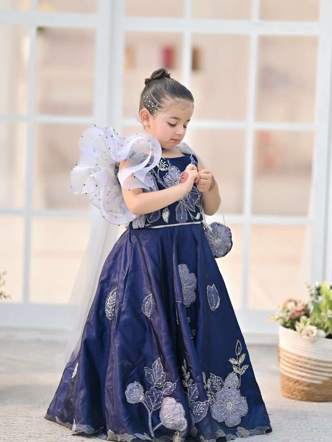 Royal Navy Floral Embroidered Kids Partywear Lehenga