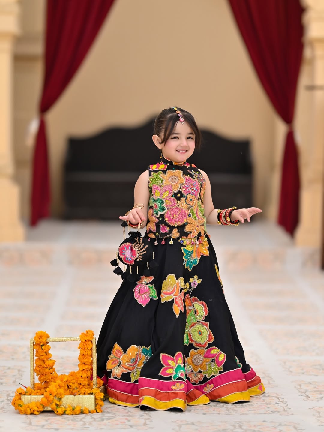 Black Avni Floral Princess Lehenga Set