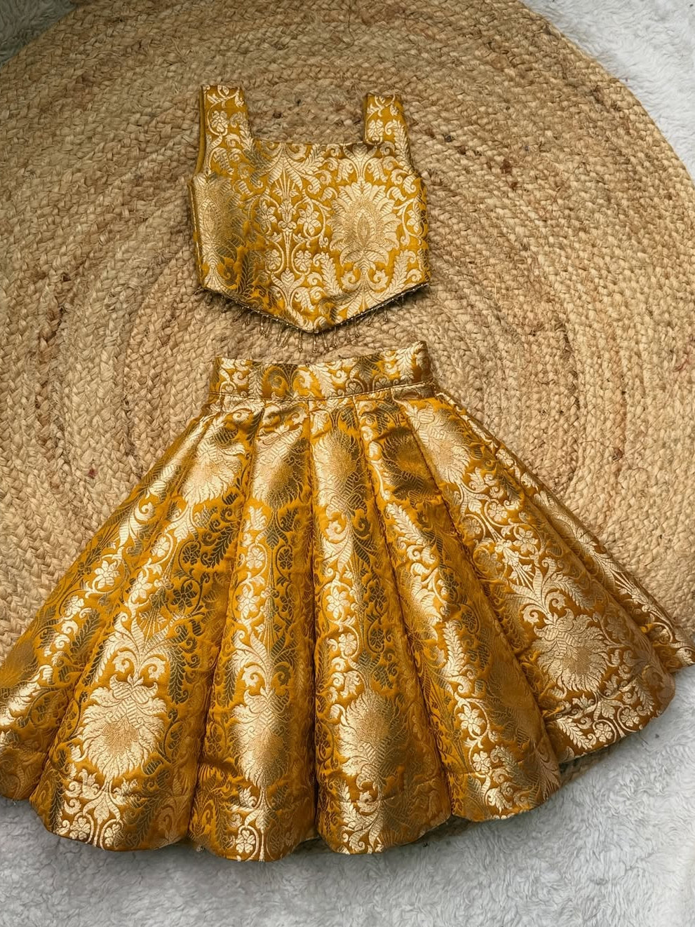 Mustard Gold Brocade Kids Lehenga Set