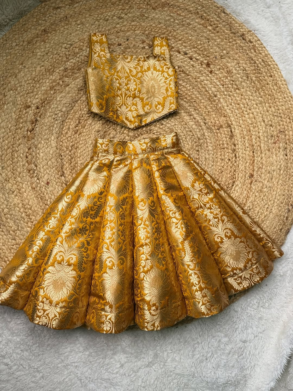 Mustard Gold Brocade Kids Lehenga Set