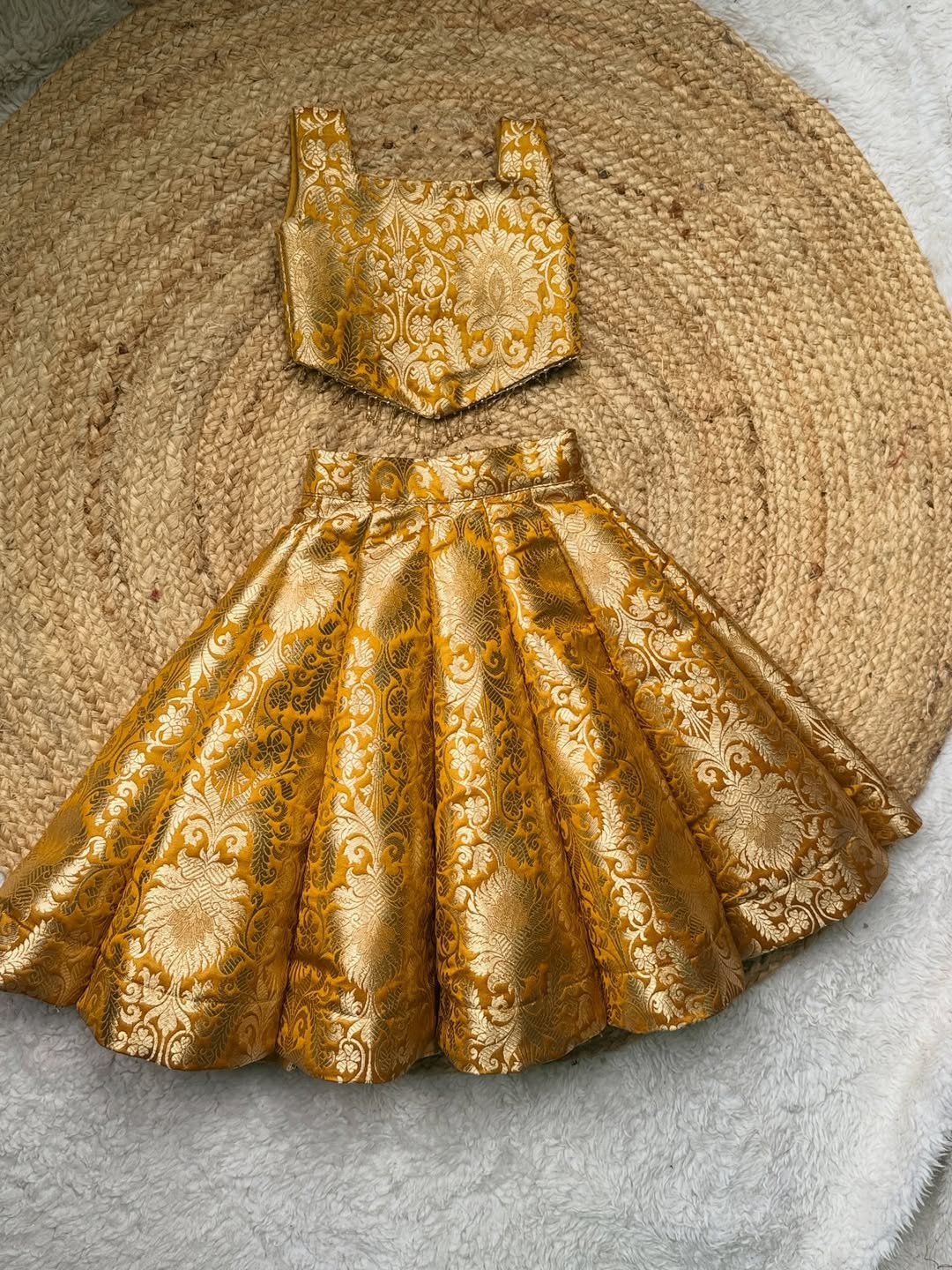 Mustard Gold Brocade Kids Lehenga Set