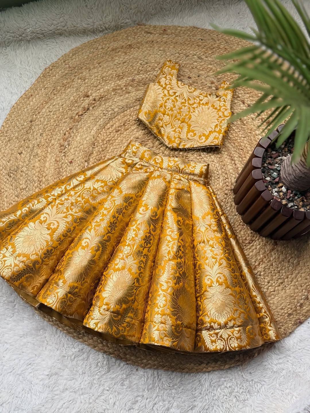Mustard Gold Brocade Kids Lehenga Set