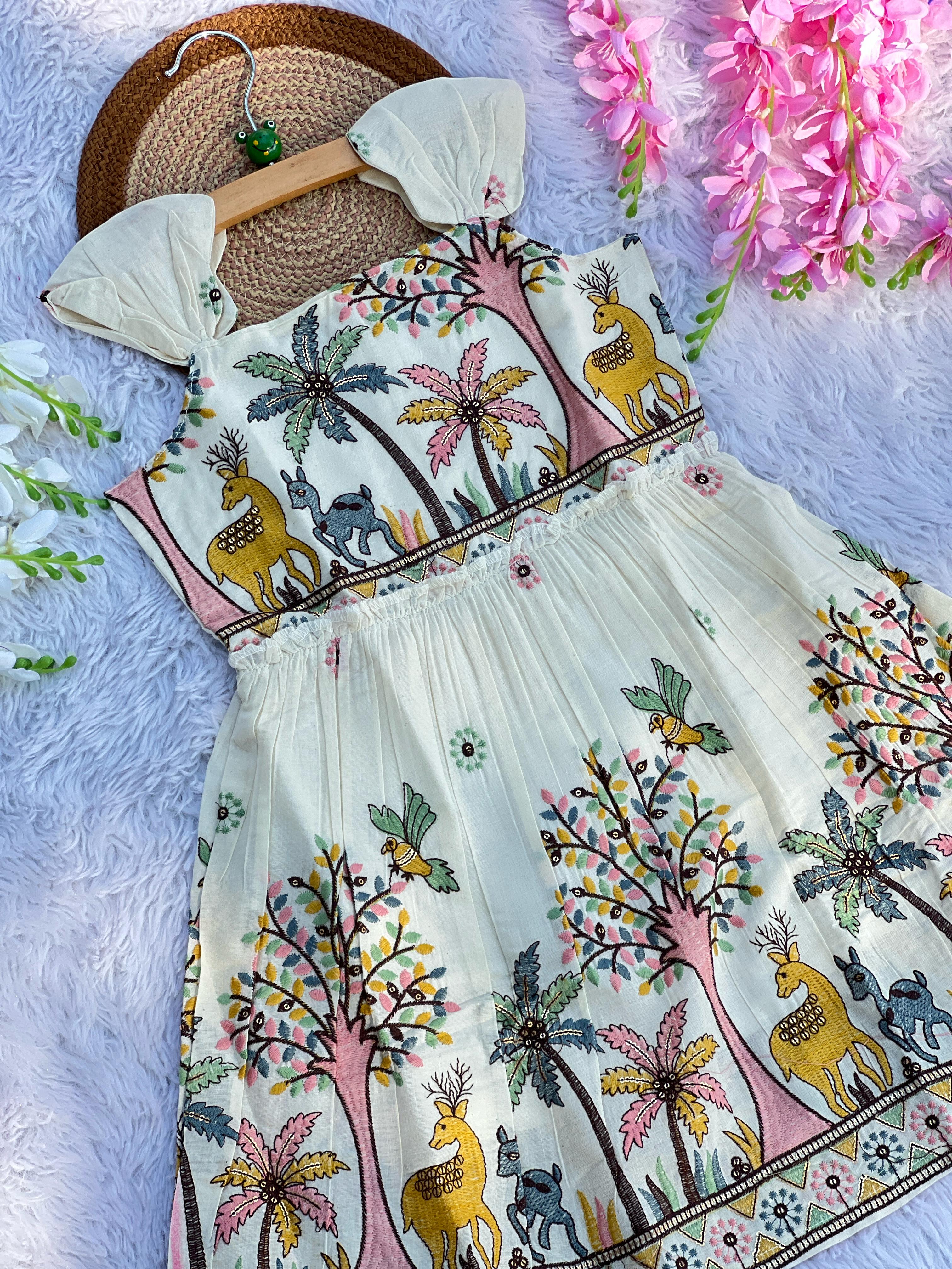 Brownish Hiran Embroidery Work on Khadi Cotton Fabric Kids Frock
