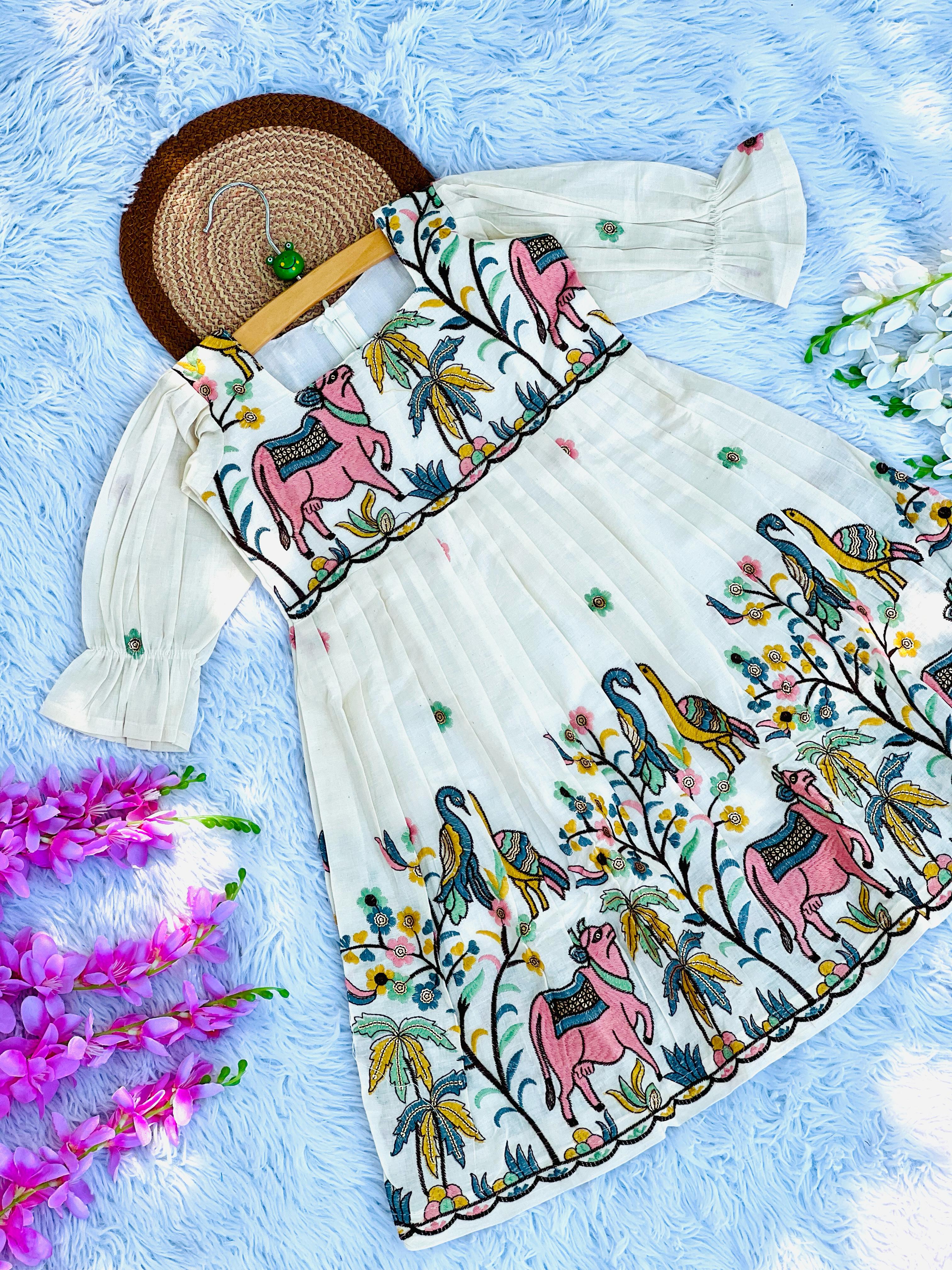 Exquisite  Embroidery Work Pure Khadi Cotton Kids Sleeve Frock