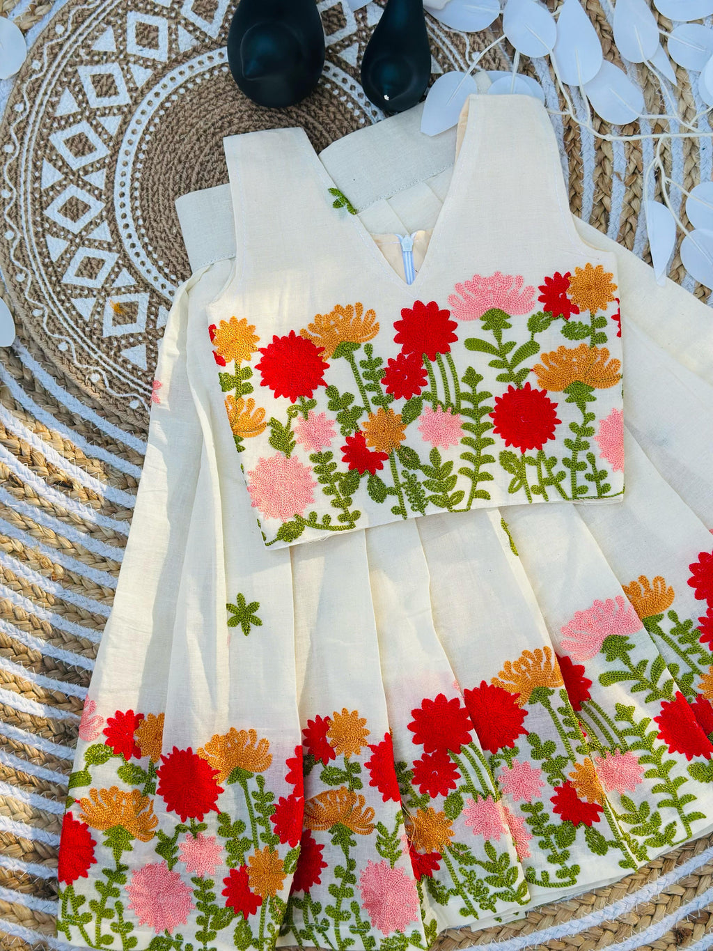 Premium Cotton Silk Flower work Lhengha with Top for kids