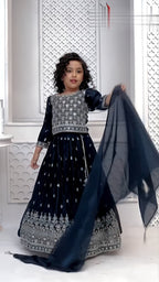 Little Diva's Royal Blue Embroidered Lahenga Set