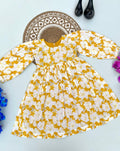 White & Mustard Bloom Print Kids Frock – Long Sleeve Casual Wear
