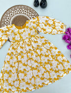 White & Mustard Bloom Print Kids Frock – Long Sleeve Casual Wear