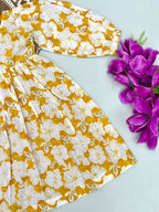 White & Mustard Bloom Print Kids Frock – Long Sleeve Casual Wear