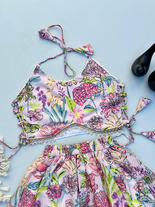 Designer Pastel Floral Halter Neck Skirt Set