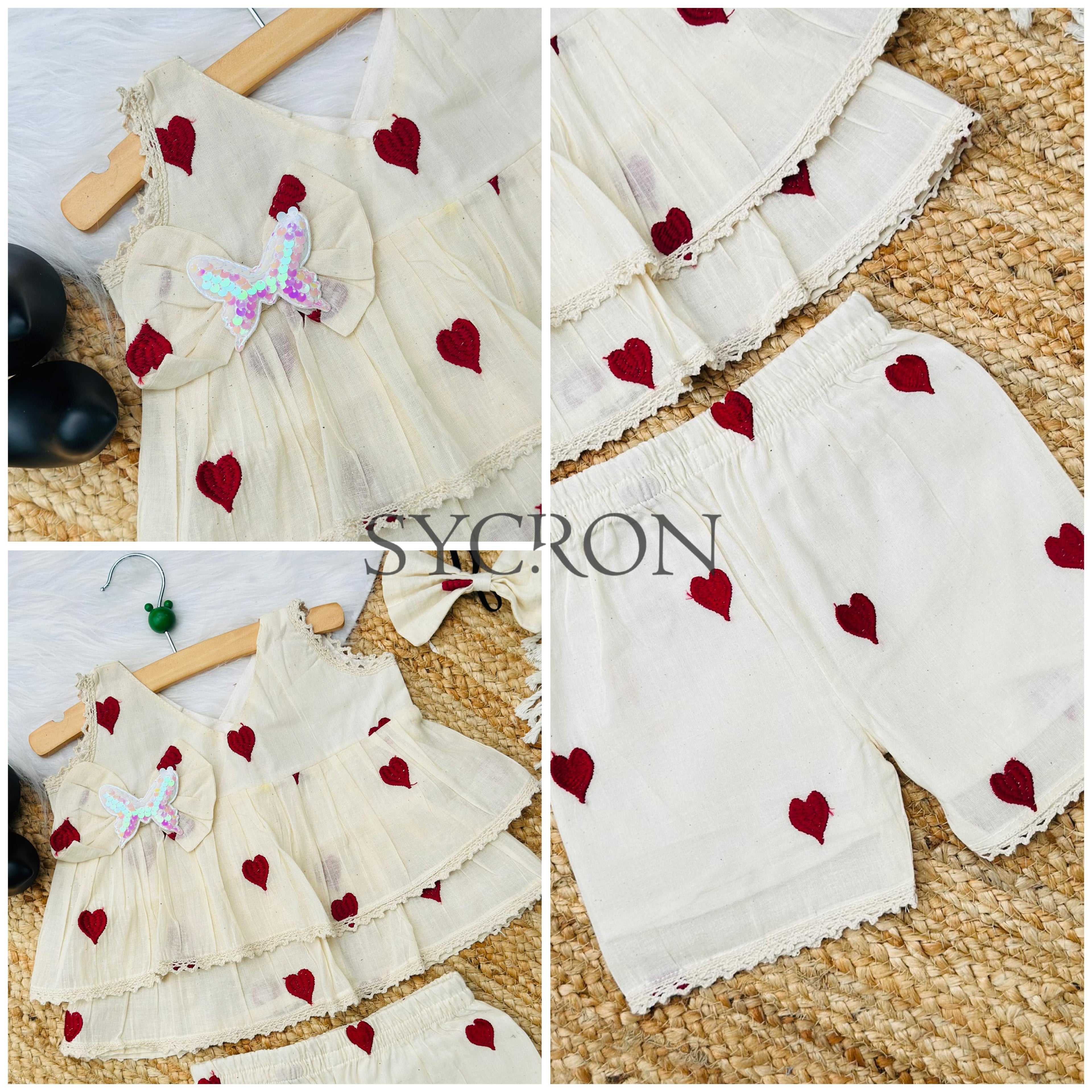 Adorable Premium Cotton Heart Embroidered Kids Cord Set