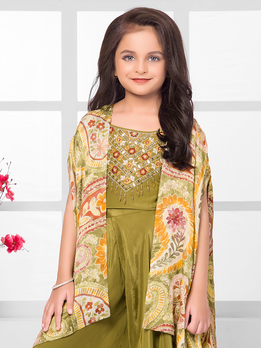 Myra Olive Silk Floral shrug palazzo suit