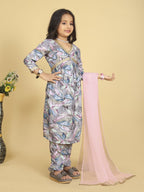 Festive Floral Kurti Pant Set with Pink Dupatta