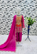 Pure Chinnon With Heavy Embroidery Coding Dori-Sequence Work Top-Bottom And Dupatta Set Fully Stitched OC-186