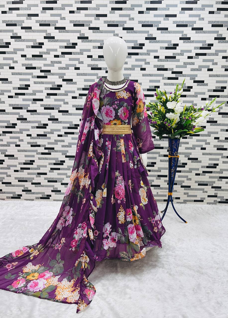 Presenting New Designer Heavy Fox Georgette Gown With Digital Print Work Ready To Wear Collection OC-143-Violet