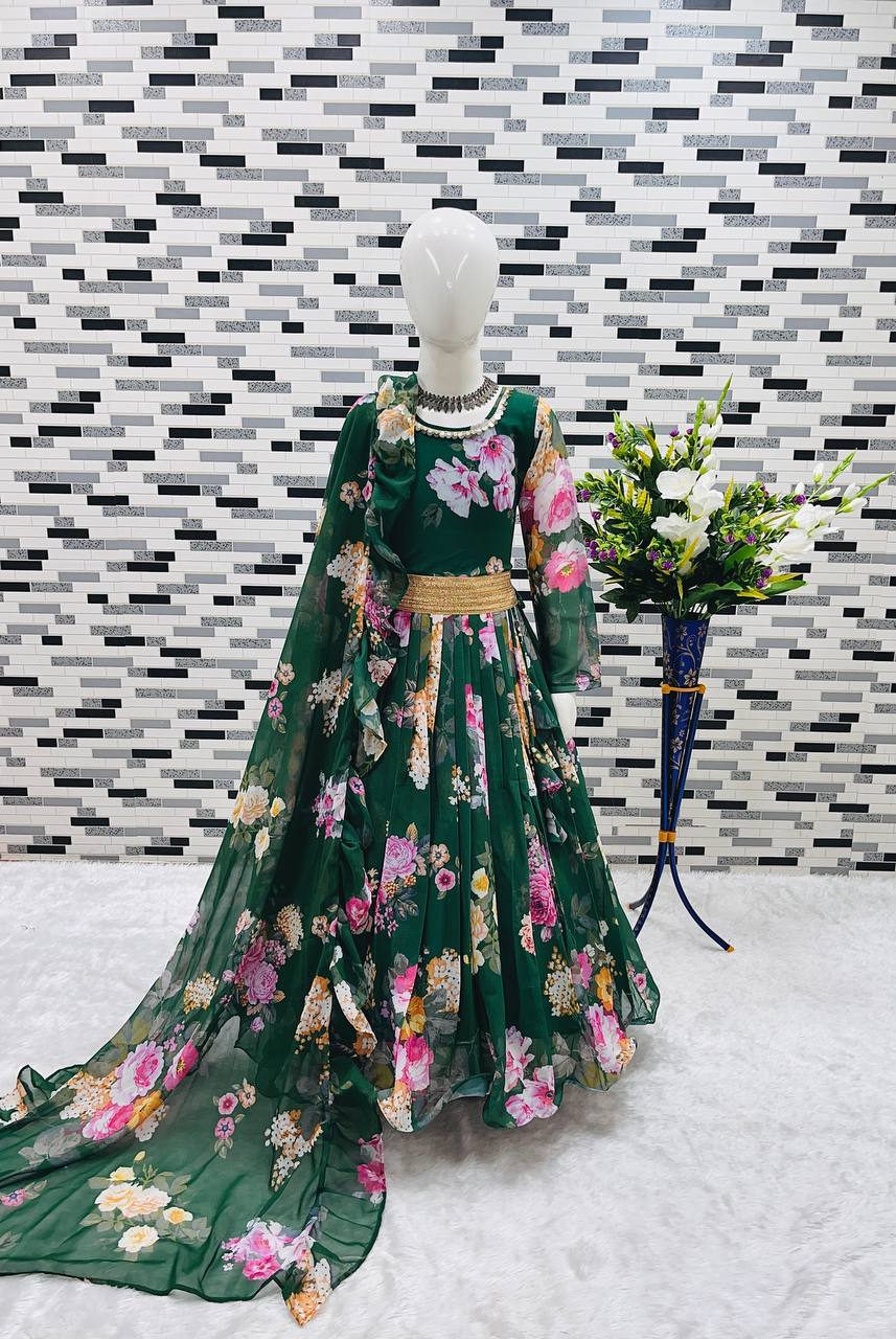 Presenting New Designer Heavy Fox Georgette Gown With Digital Print Work Ready To Wear Collection OC-143-GREEN