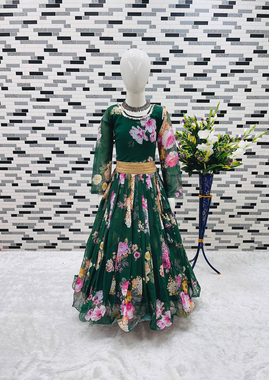 Presenting New Designer Heavy Fox Georgette Gown With Digital Print Work Ready To Wear Collection OC-143-GREEN